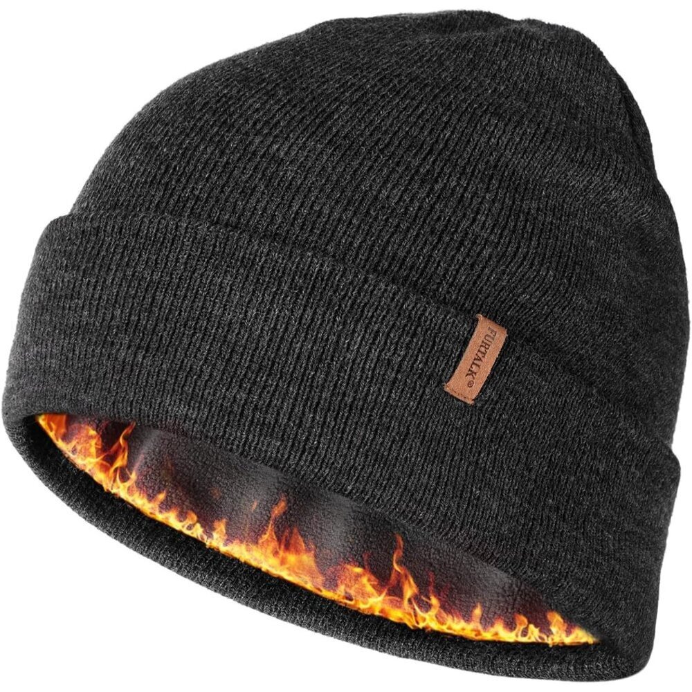 Men's Dark Grey Beanie Fleece Lined Double Layered Stylish Knitted Cuffed Hat